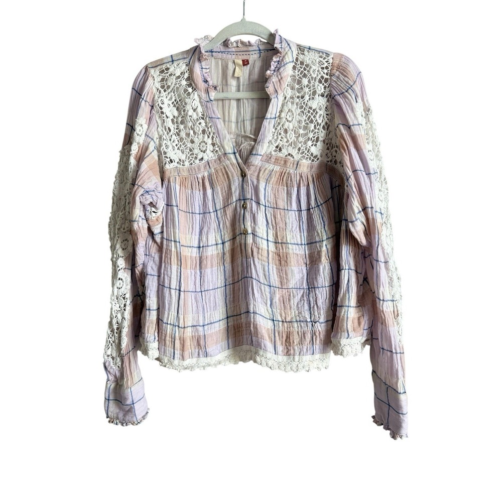 Anthropologie Pilcro Plaid Gingham Lace Crochet Long Sleeve Button Blouse Sz 2X